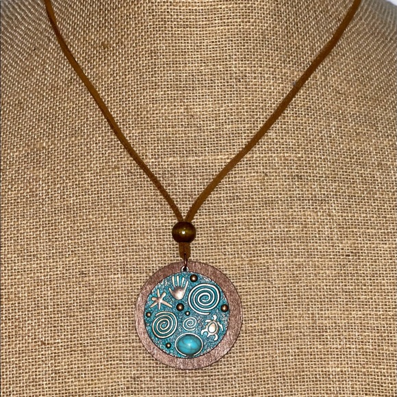 NEW Turquoise Bronzed Spiral Pendant Suede Necklace Life Circle Turtle WIsdom - Picture 2 of 13
